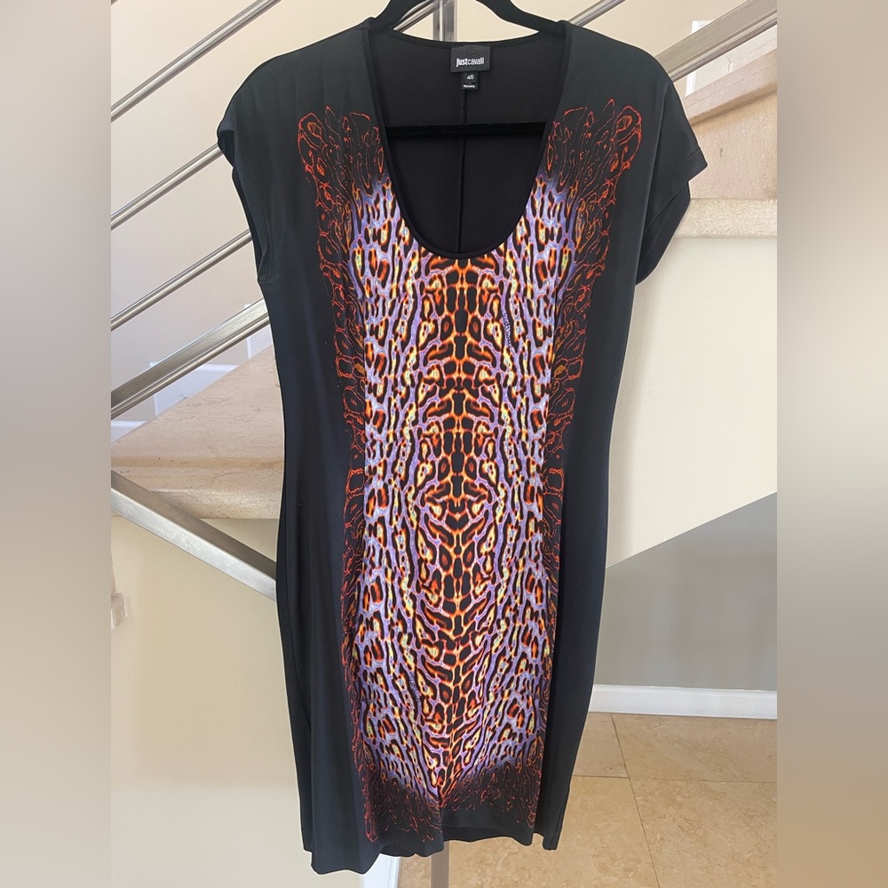 Vintage cavalli Black and Orange Animal Print Dress